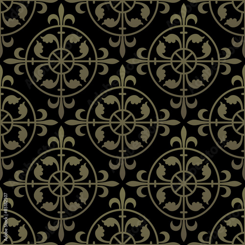 Golden gothic seamless pattern. Geometrical royal elements in a medieval style. Ornament for a tiles and mosaics. Vector illustration