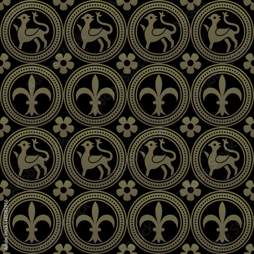 Golden gothic seamless pattern. Geometrical royal elements in a medieval style. Ornament for a tiles and mosaics. Vector illustration