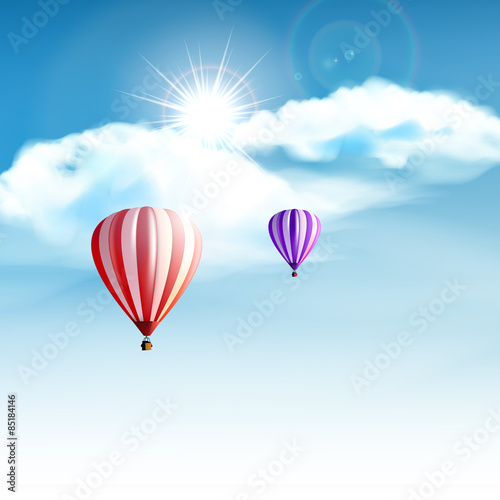 Hot-air balloons in the cloudy blue sky. Realistic Vector