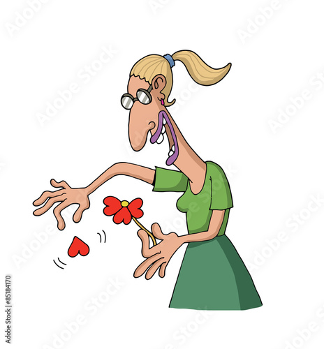 Cartoon about a woman who plays "Loves me, loves me not" with the flower