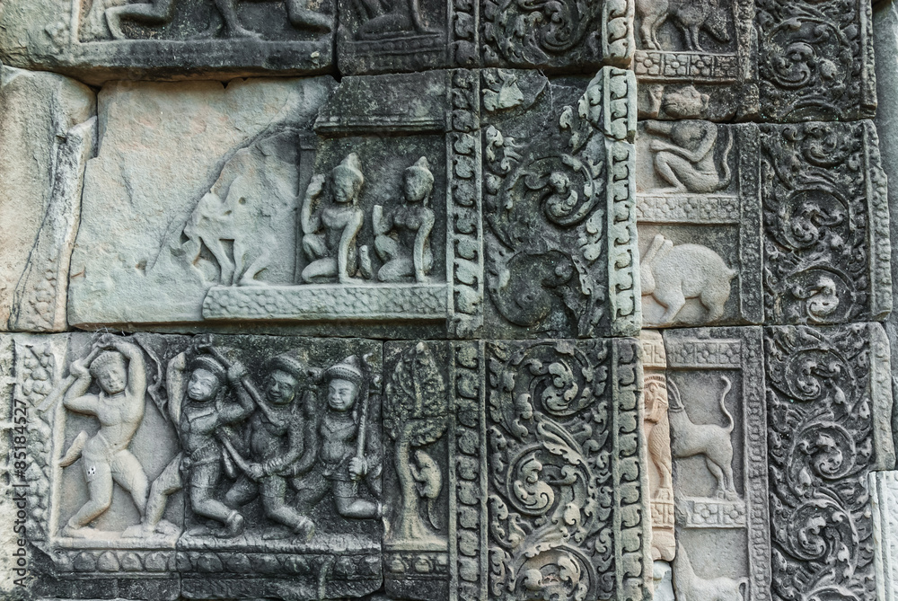 bas-reliefs of decorative panels of the baphuon in the archaeological angkor thom place in siam reap, cambodia