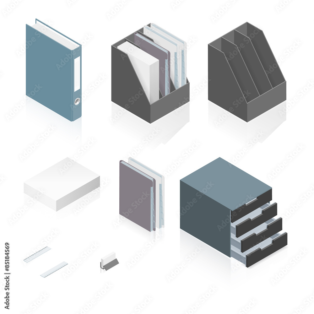 Files, folders, paper stack, storage boxes and a detailed isometric set Files, folders, paper stack, storage boxes and a detailed isometric set