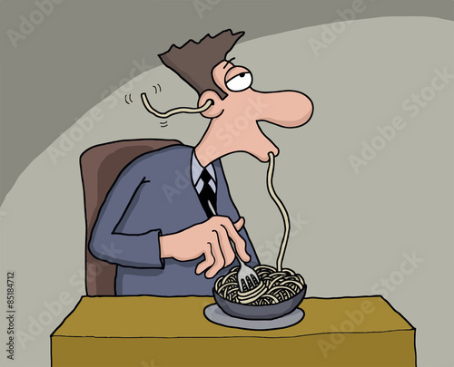 Funny cartoon of a man eating spaghetti