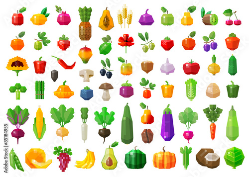 fresh food. vegetables and fruits icons set. vector. flat