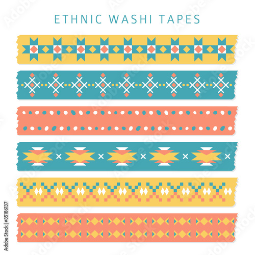Set of washi tapes with trendy Aztec, Mexican or Navajo patterns, ethnic vector