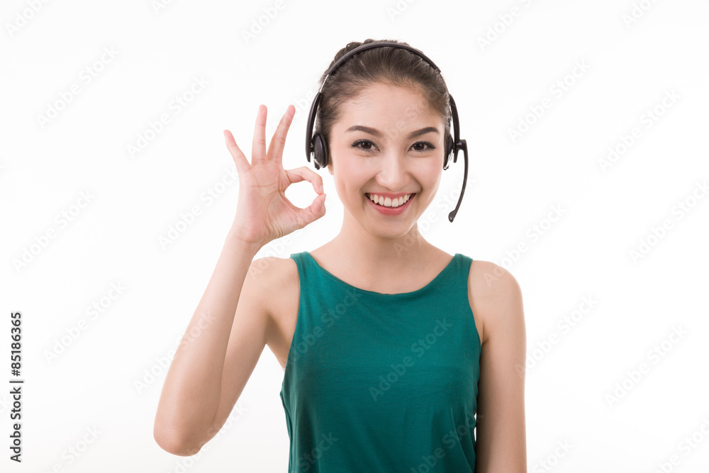 Asian women call center with phone headset with white background Asian women call center with phone headset with white background