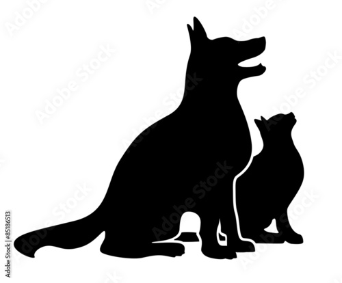 Dog and Cat, sitting looking up, isolated silhouette vector illustration