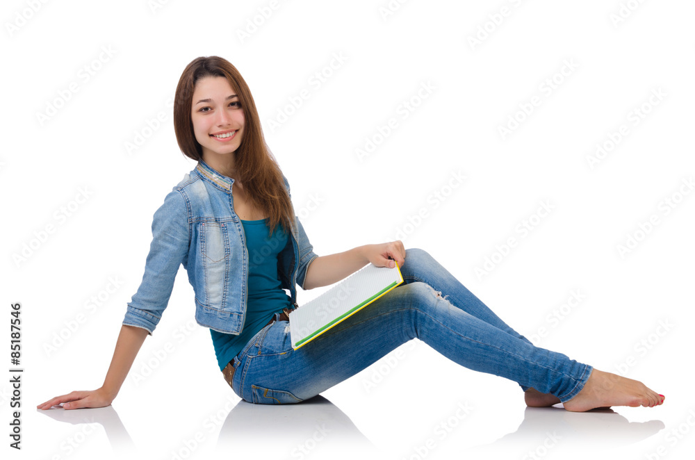 Student girl with books on white