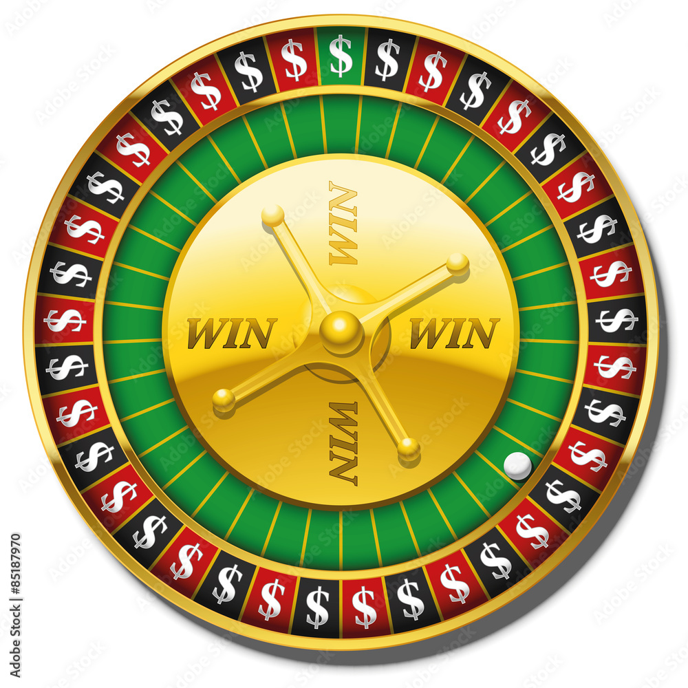 Roulette wheel with dollar symbol instead of numbers and the words WIN on the golden plate. Isolated vector illustration on white background. Roulette wheel with dollar symbol instead of numbers and the words WIN on the golden plate. Isolated vector illustration on white background.