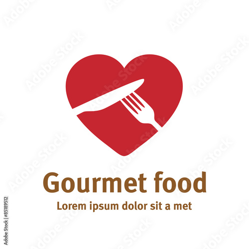 Lovely food logo template. Fork and knife silhouettes with heart