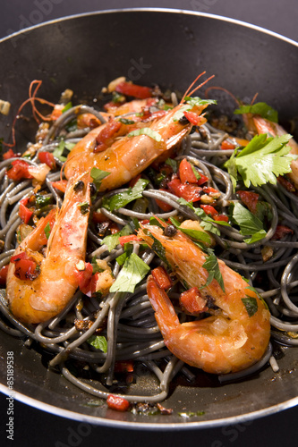 shrimp with black noodles