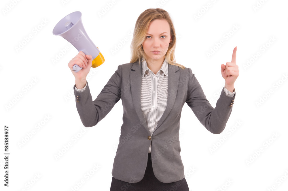 Businesslady with megaphone isolated on white Businesslady with megaphone isolated on white