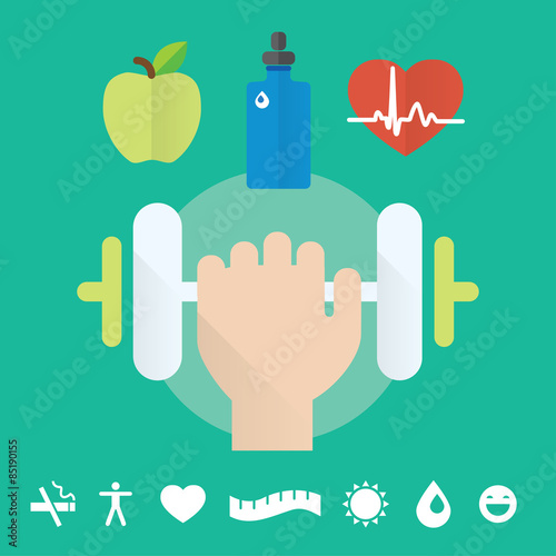 Gym concept flat icon set with health care, food and water.