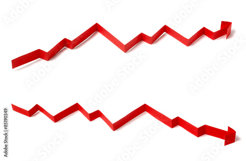 Red rising and  falling arrow on isolated white background