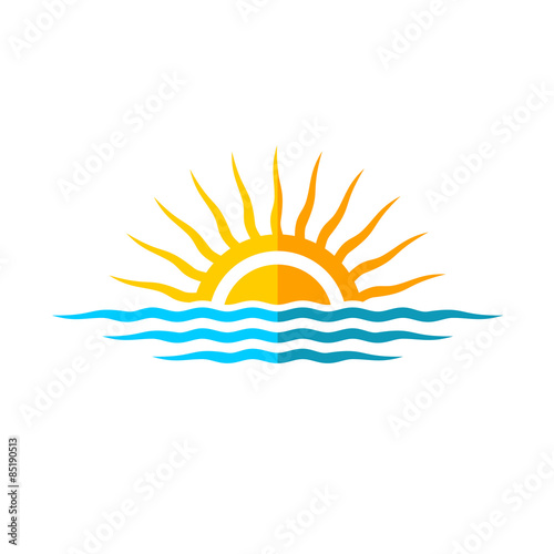 Travel logo template. Sun with sea waves.