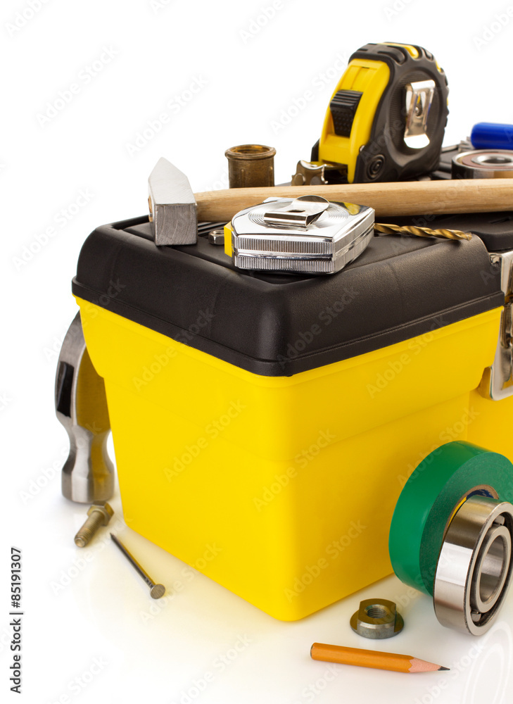 tools and instruments with toolbox on white