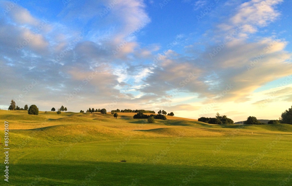 Naklejka premium On a empty golf course at sunset