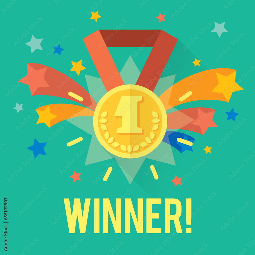 Fototapeta premium Vector success win concept with gold medal and fireworks.