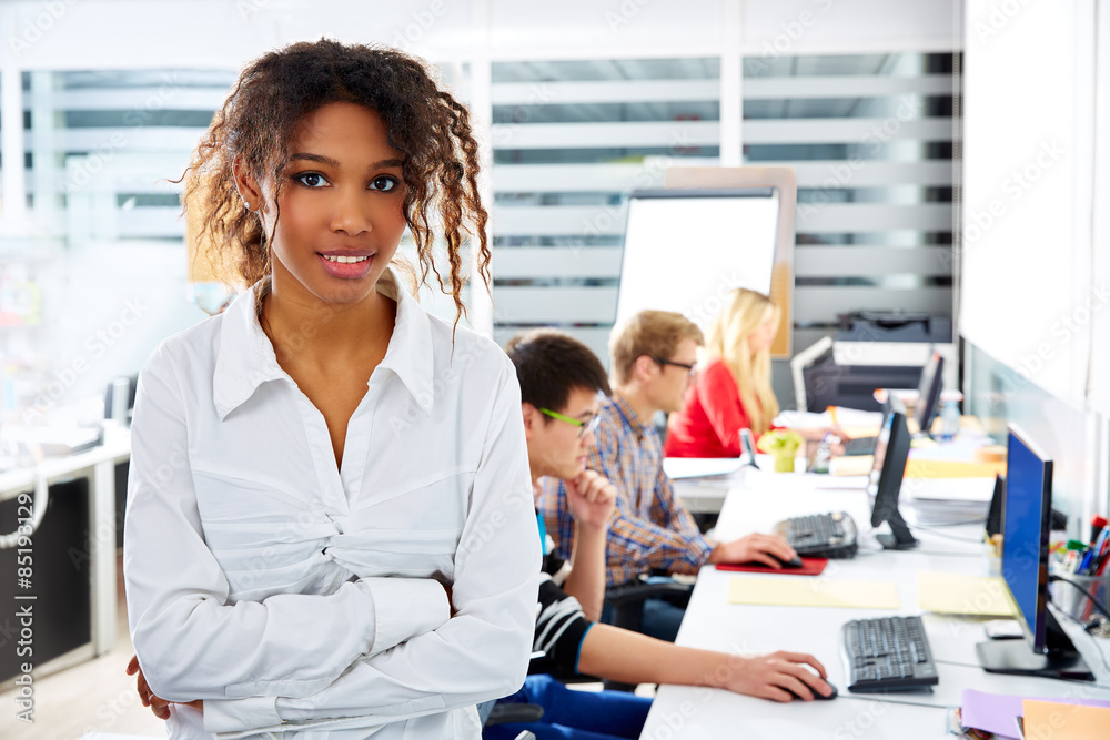 African businesswoman young office with computer African businesswoman young office with computer