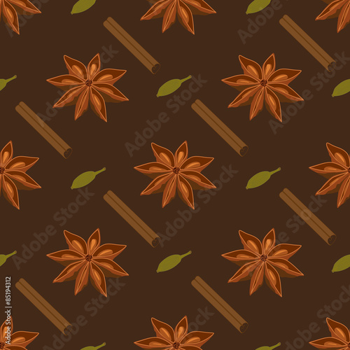 Spices seamless pattern. Star anise, cardamon, cinnamon stick.