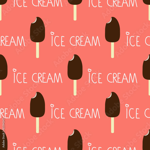 Ice cream seamless pattern. Repeating of illustration of the bitten-off ice cream eskimo on a stick. With text element.