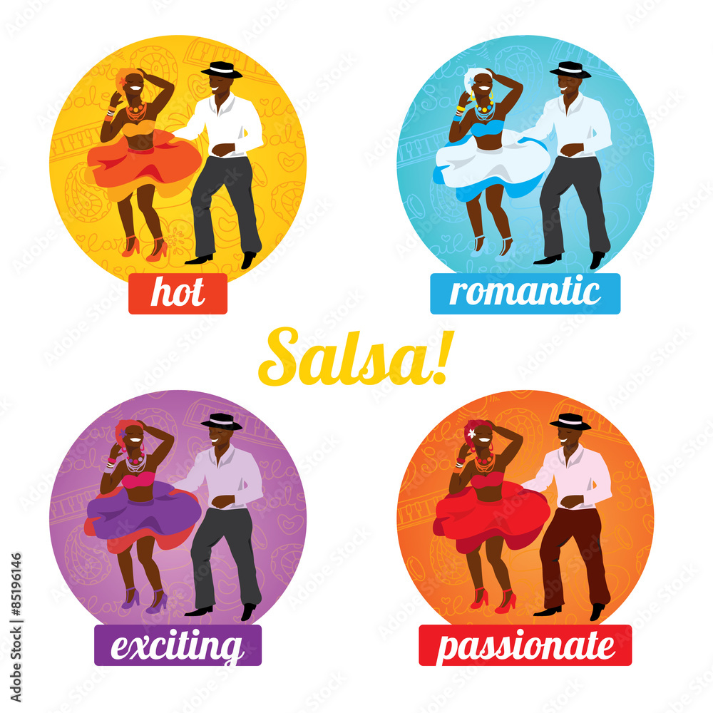 Fototapeta premium Salsa dancing poster for the party. Cuban couple, palms, musical instruments