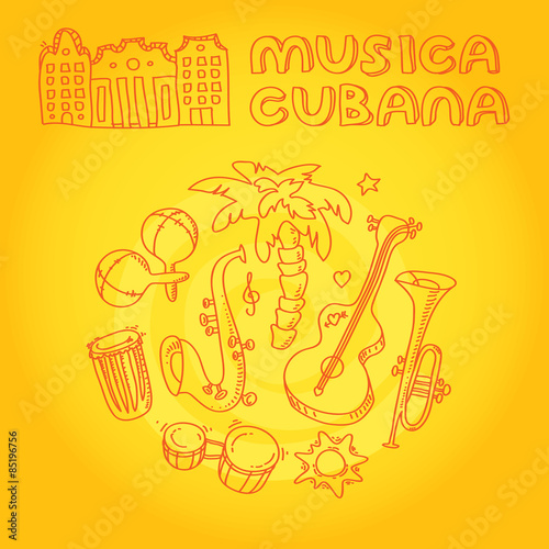 Cuban music illustration with musical instruments, palms, traditional architecture.