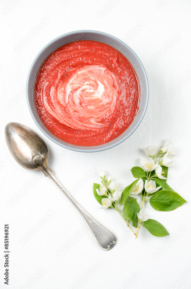 Delicious soup made of baked beetroot with cream Delicious soup made of baked beetroot with cream