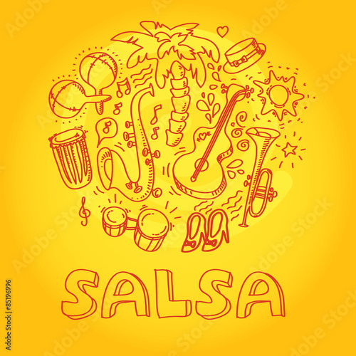 Salsa music and dance illustration with musical instruments, palms, etc