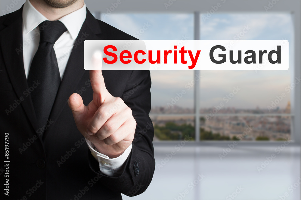 businessman pushing flat button security guard businessman pushing flat button security guard