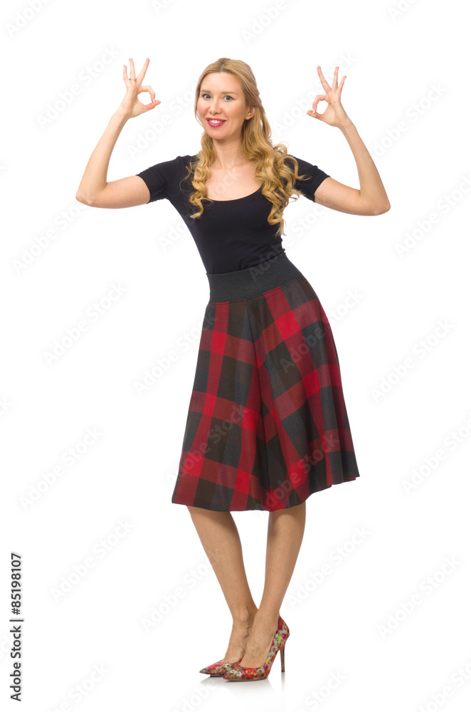 Fototapeta premium Beautiful young woman in plaid dress isolated on white
