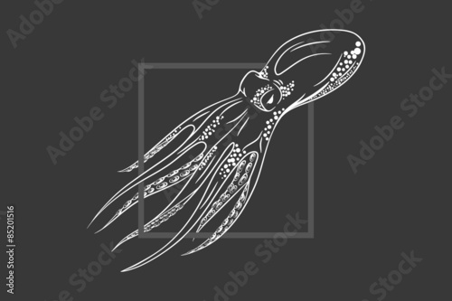 Octopus in deep. Template for logo, label and emblem with octopus silhouette. Original
close up vector illustration of hand drawn octopus. Retro style sketch