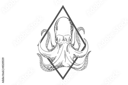 Octopus in deep. Template for logo, label and emblem with octopus silhouette. Original
close up vector illustration of hand drawn octopus. Retro style sketch