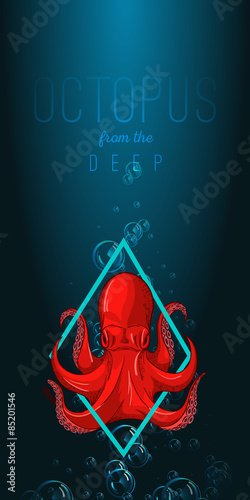 Octopus in deep. Vector color illustration on gradient background with decorative element. close up. Octopus, lettering, bubble, lights. Template, poster, flyer, invitation to party, print, tattoo