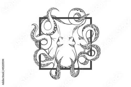 Octopus in deep. Template for logo, label and emblem with octopus silhouette. Original
close up vector illustration of hand drawn octopus. Retro style sketch