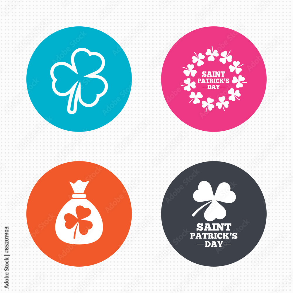 Fototapeta premium Saint Patrick day icons. Money bag with clover.