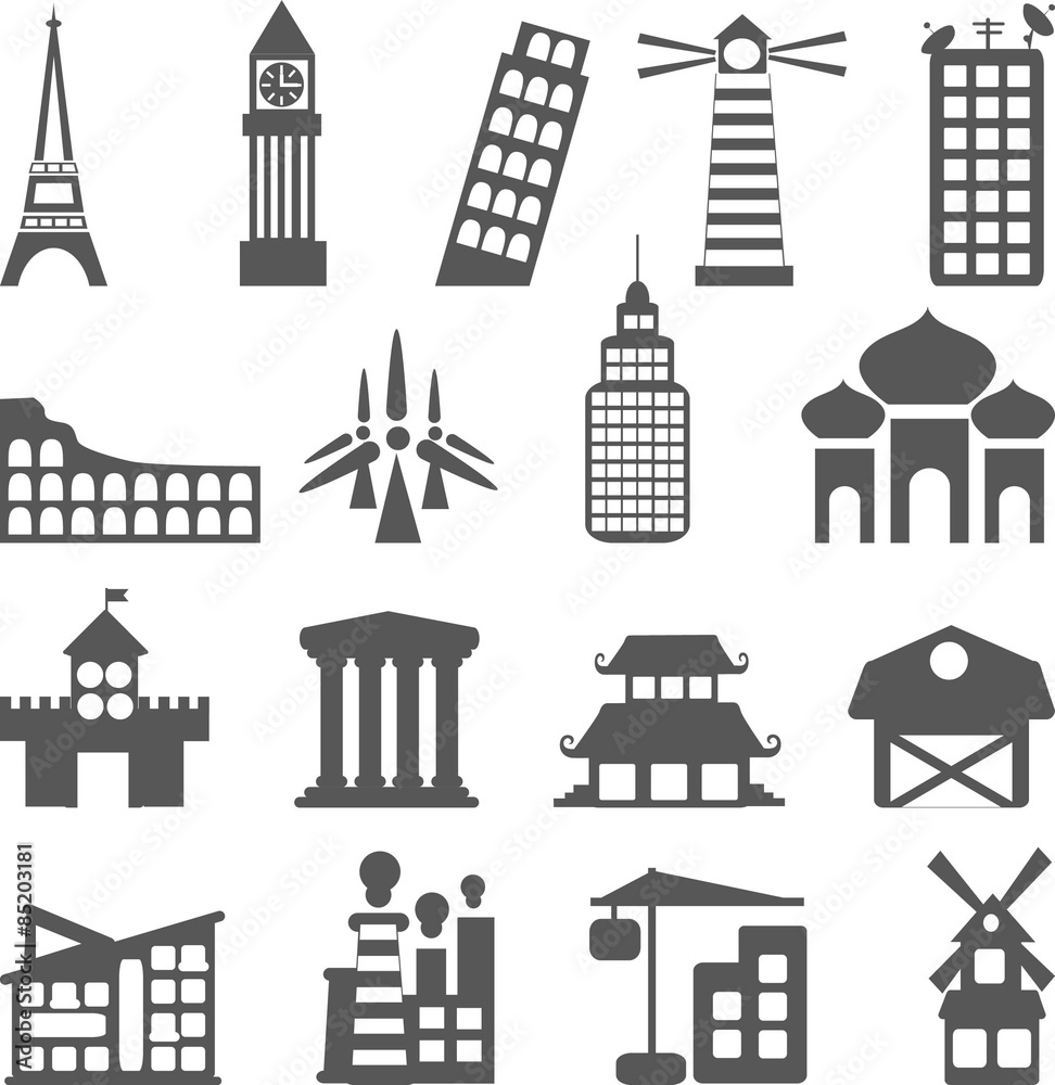 Set of different buildings and houses icons in the flat style 