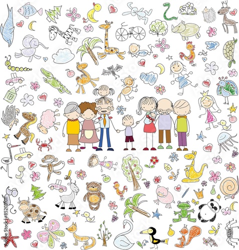 Fototapeta Naklejka Na Ścianę i Meble -  Vector children's doodle of happy family