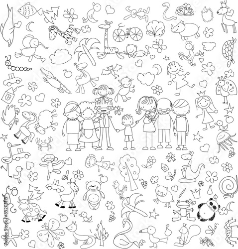 Vector children s doodle of happy family