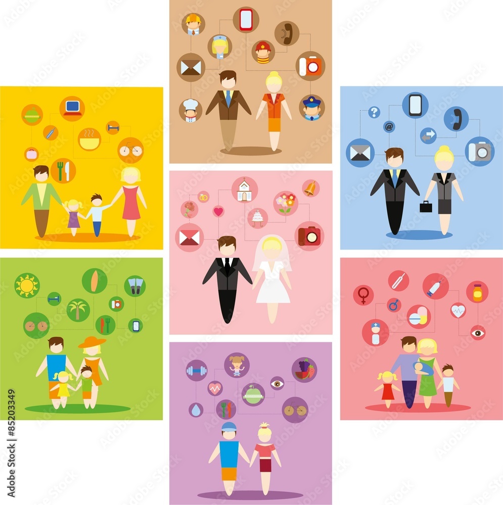 Business concept flat icons set of family, health, career and vacation infographic design elements vector illustration Business concept flat icons set of family, health, career and vacation infographic design elements vector illustration
