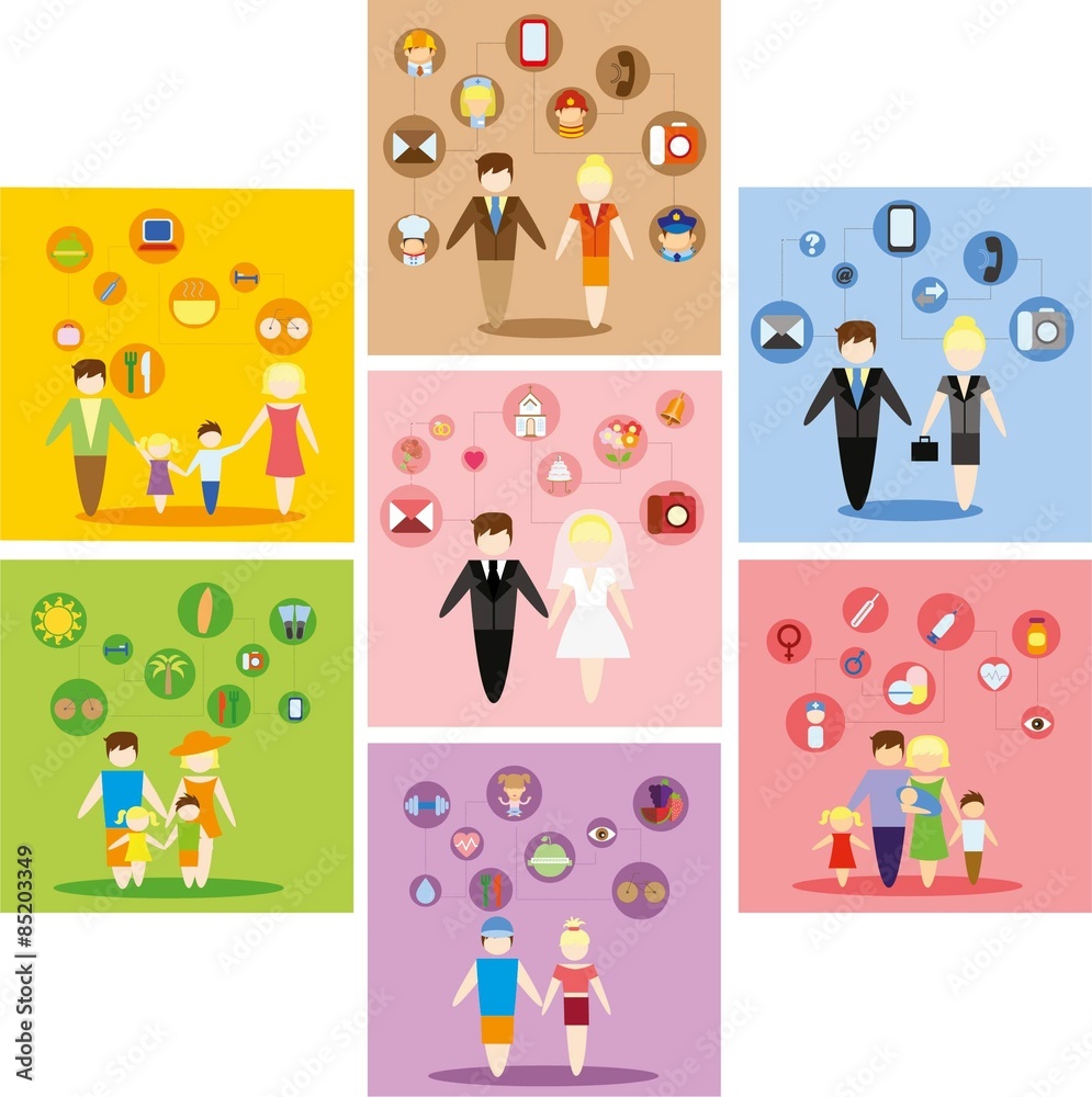 Business concept flat icons set of family, health, career and vacation infographic design elements vector illustration