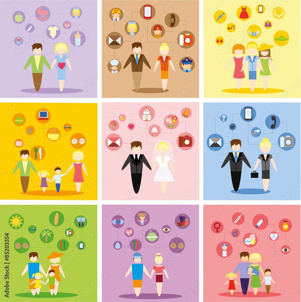 Business concept flat icons set of family, health, married, career and vacation infographic design elements vector illustration