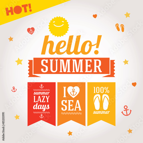 Hello summer labels set with symbols for poster, flags, t-shirts and others