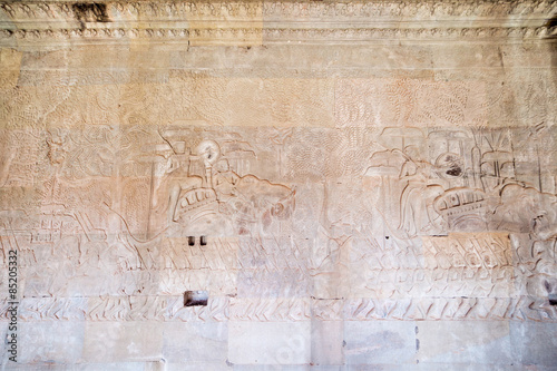 Historic Khmer bas-relief at Angkor Wat temple, Cambodia. A part of whole long image. Number 7