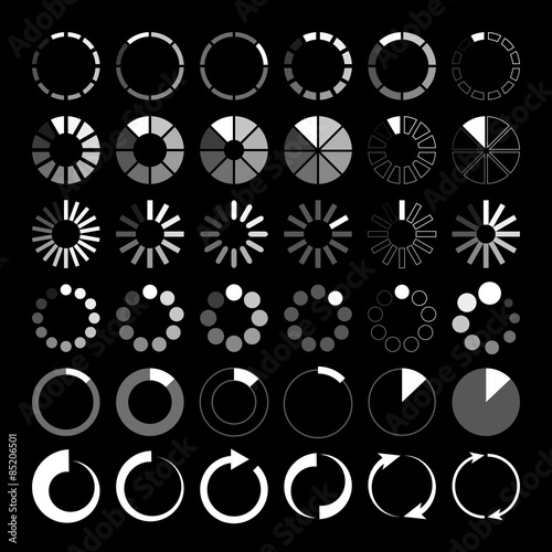 White and grey loading icons on black background