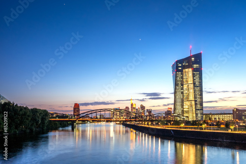 Frankfurt am Main, EZB und Skyline zur blauen Stunde  photo