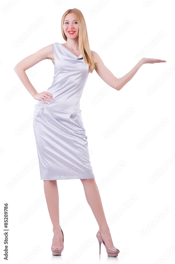 Beautiful blond in elegant dress isolated on white Beautiful blond in elegant dress isolated on white