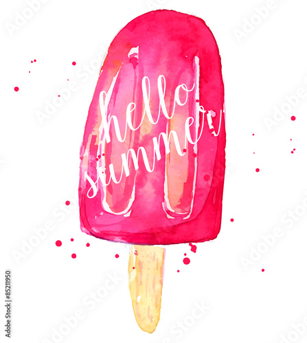 Watercolor pink icecream on stick with text hello summer. 