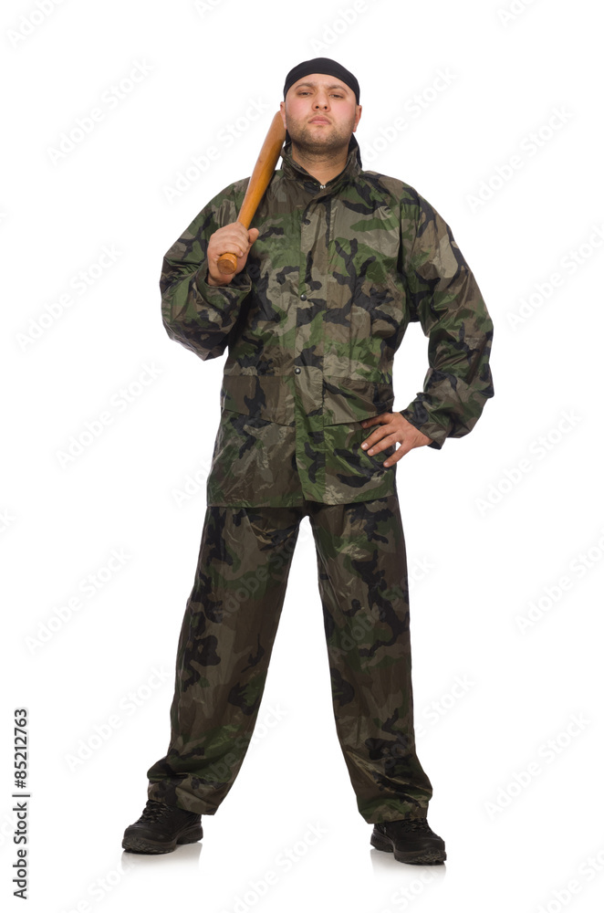 Young man in soldier uniform holding bludgeon isolated on white Young man in soldier uniform holding bludgeon isolated on white