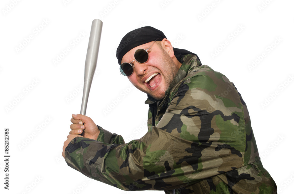 Young man in soldier uniform holding bludgeon isolated on white Young man in soldier uniform holding bludgeon isolated on white